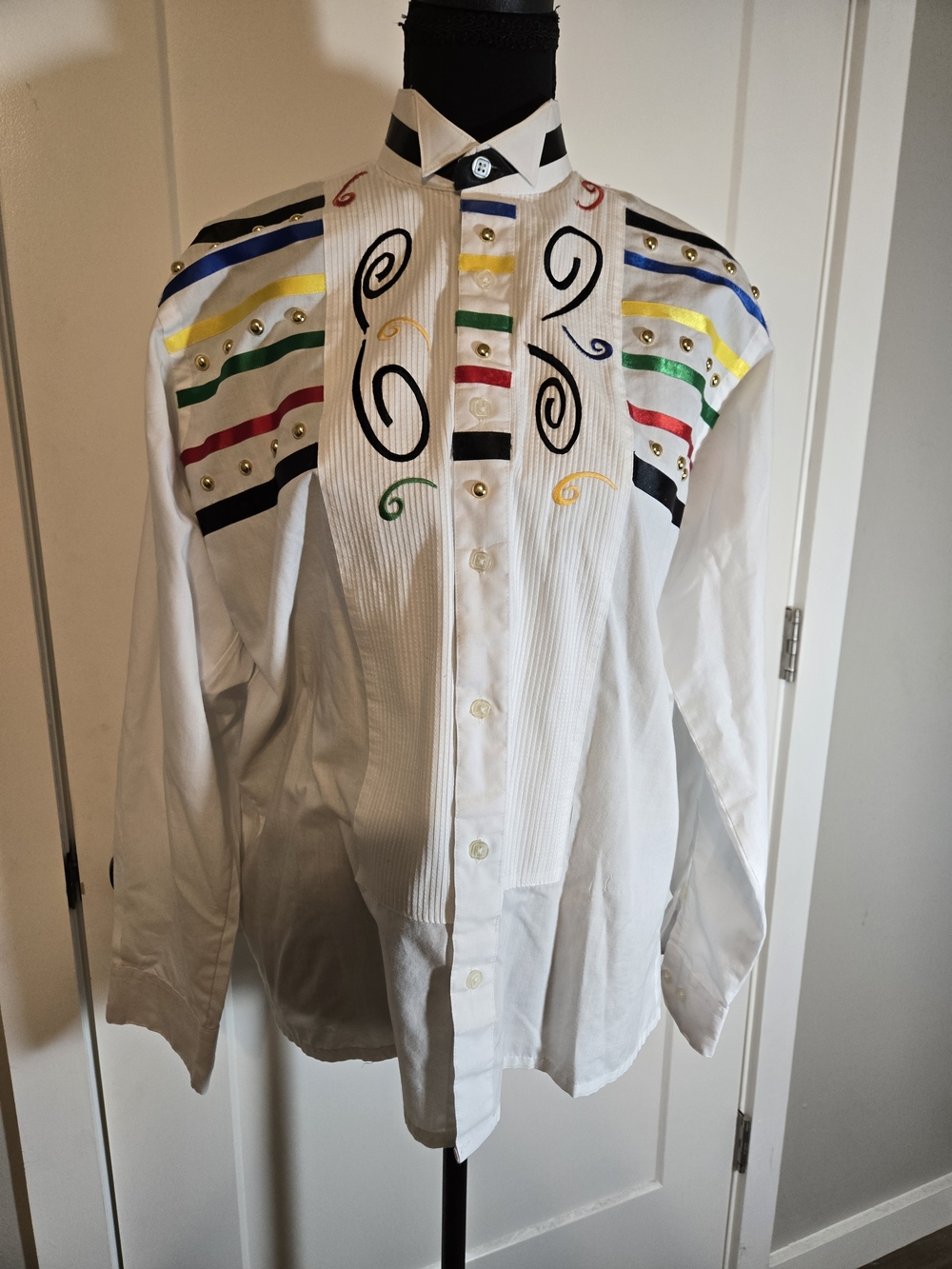Vintage Pinocchio USA Multi Color Ribbon Studded Pleated Western Shirt Small